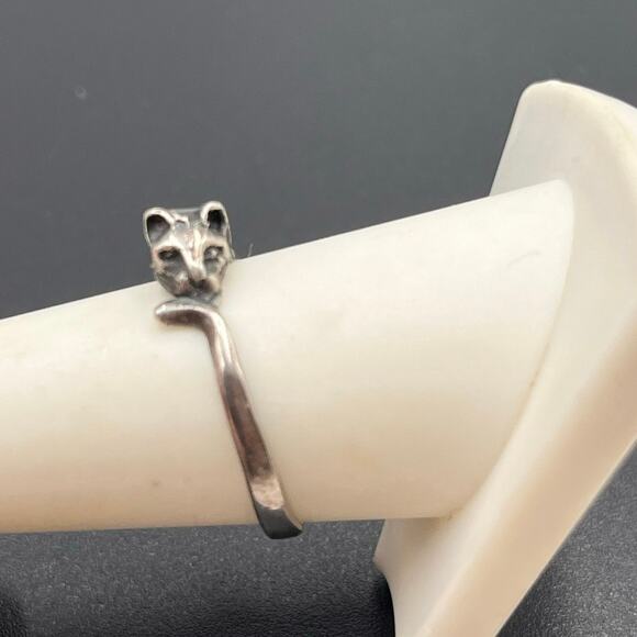 Sterling Silver 925 Curly Feline Kitten Cat Ring Sz 9 1/4 - Picture 1 of 9
